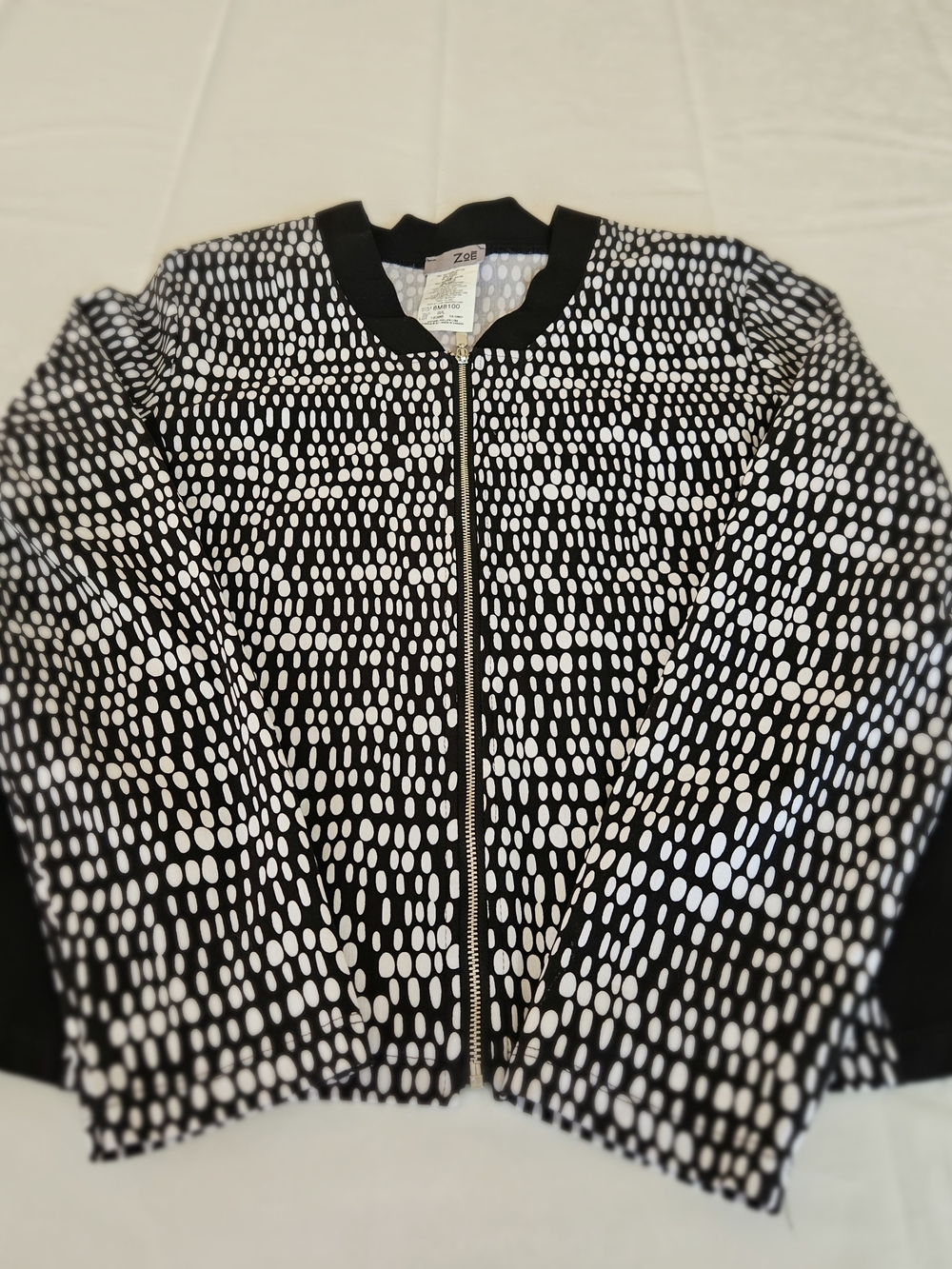 ZOE Womens Size L Black White Polka Dot Full Zip Bomber Jacket stretch - Picture 14 of 16